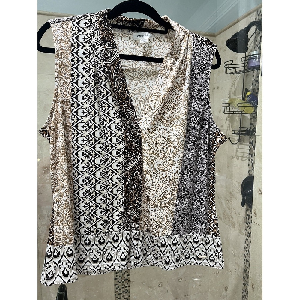 Calvin Klein XL Tank Top Neutral Floral Paisley Mixed Print Jersey V-Neck
